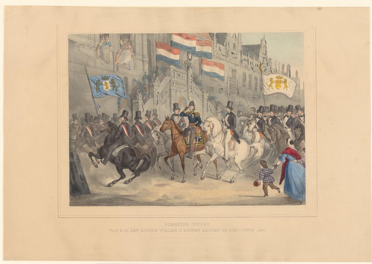 Entrada del rey Guillermo II a Leiden, 1841 Solemne Intogt de HM den Koning Willem II en Leyden el 1 de junio de 1841 (título sobre el objeto) de Arnz and Co.