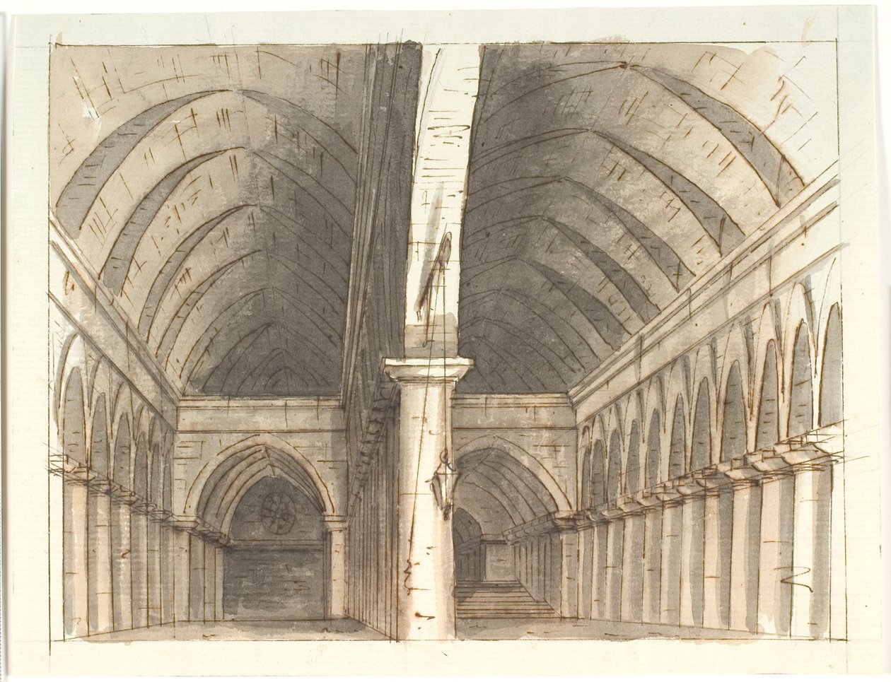 Interior de la planta baja de una iglesia (?) con columnas y bóvedas de Aron Wallick