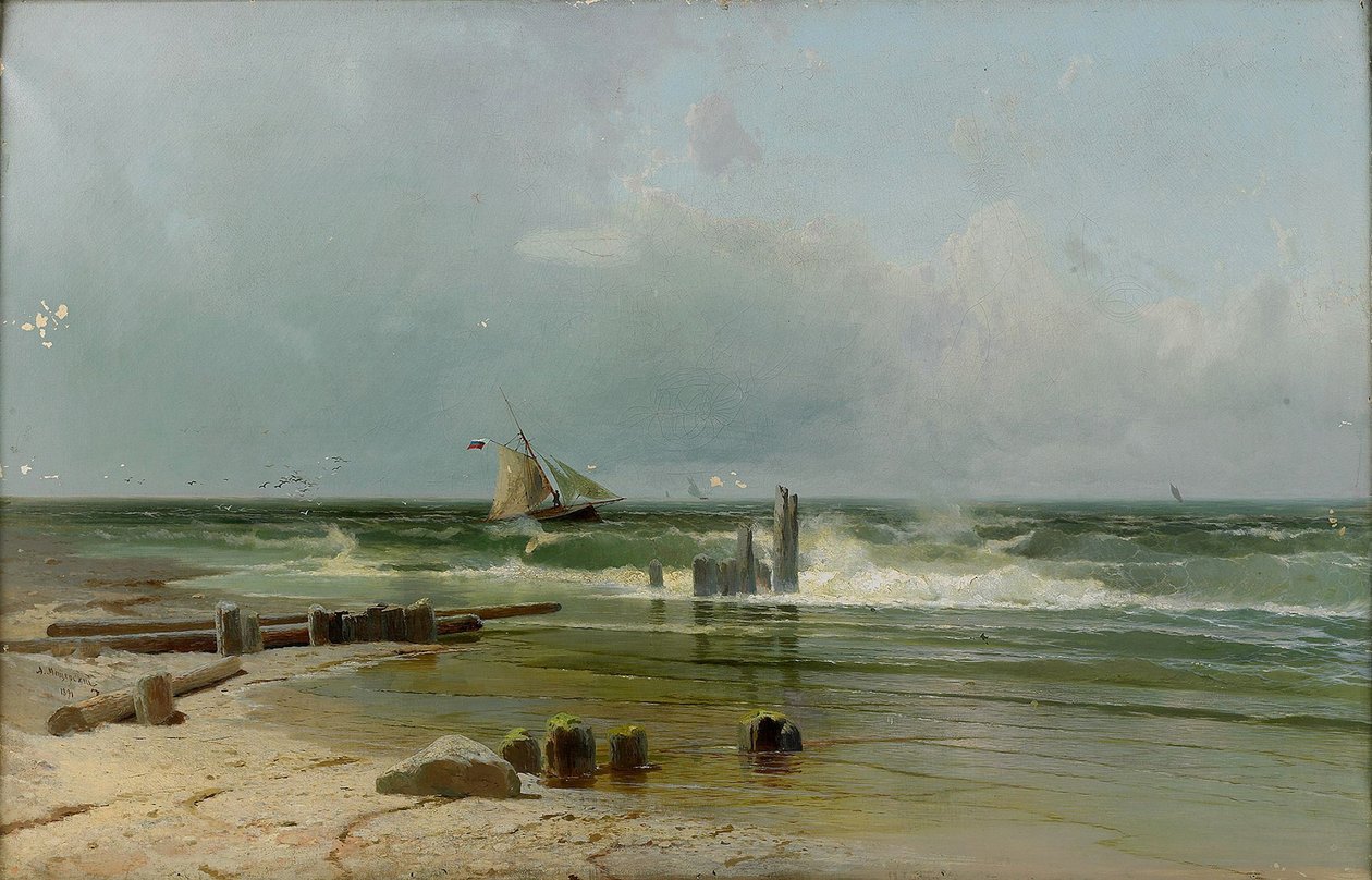 Un barco de vela en la playa, 1891 de Arseniy Ivanovich Meshchersky