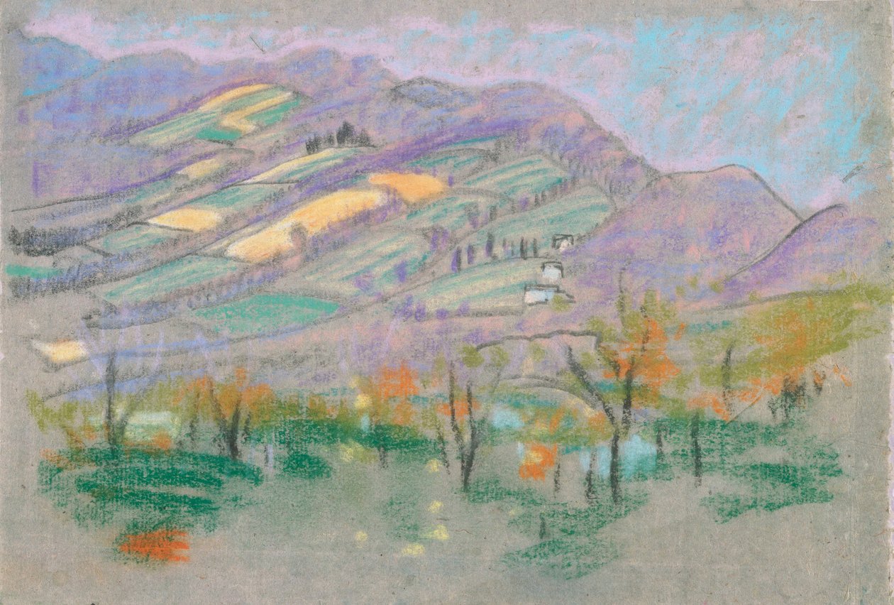 Paisaje con montañas púrpuras del libro de A.B. Davies, edición -50, 50 de Arthur Bowen Davies