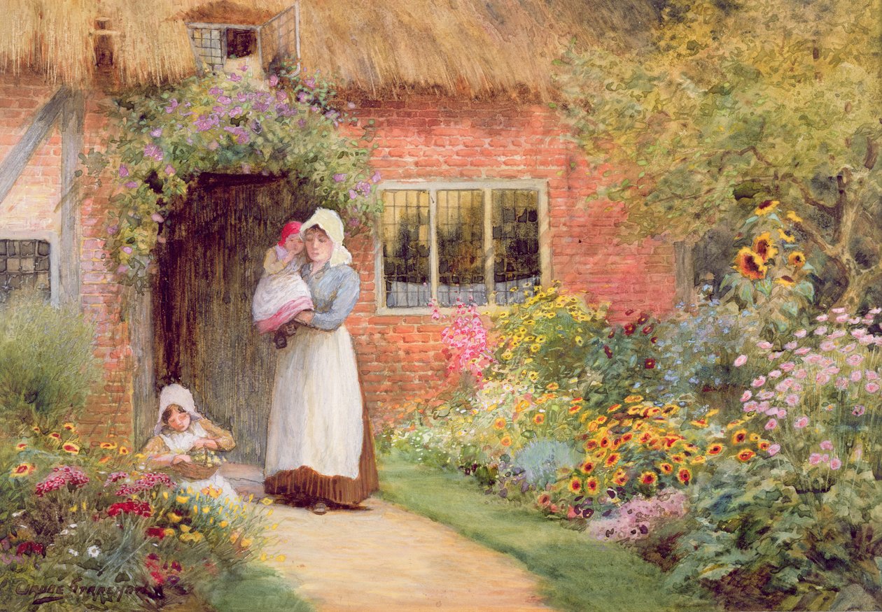 Madre e hijos fuera de una cabaña de Arthur Claude Strachan