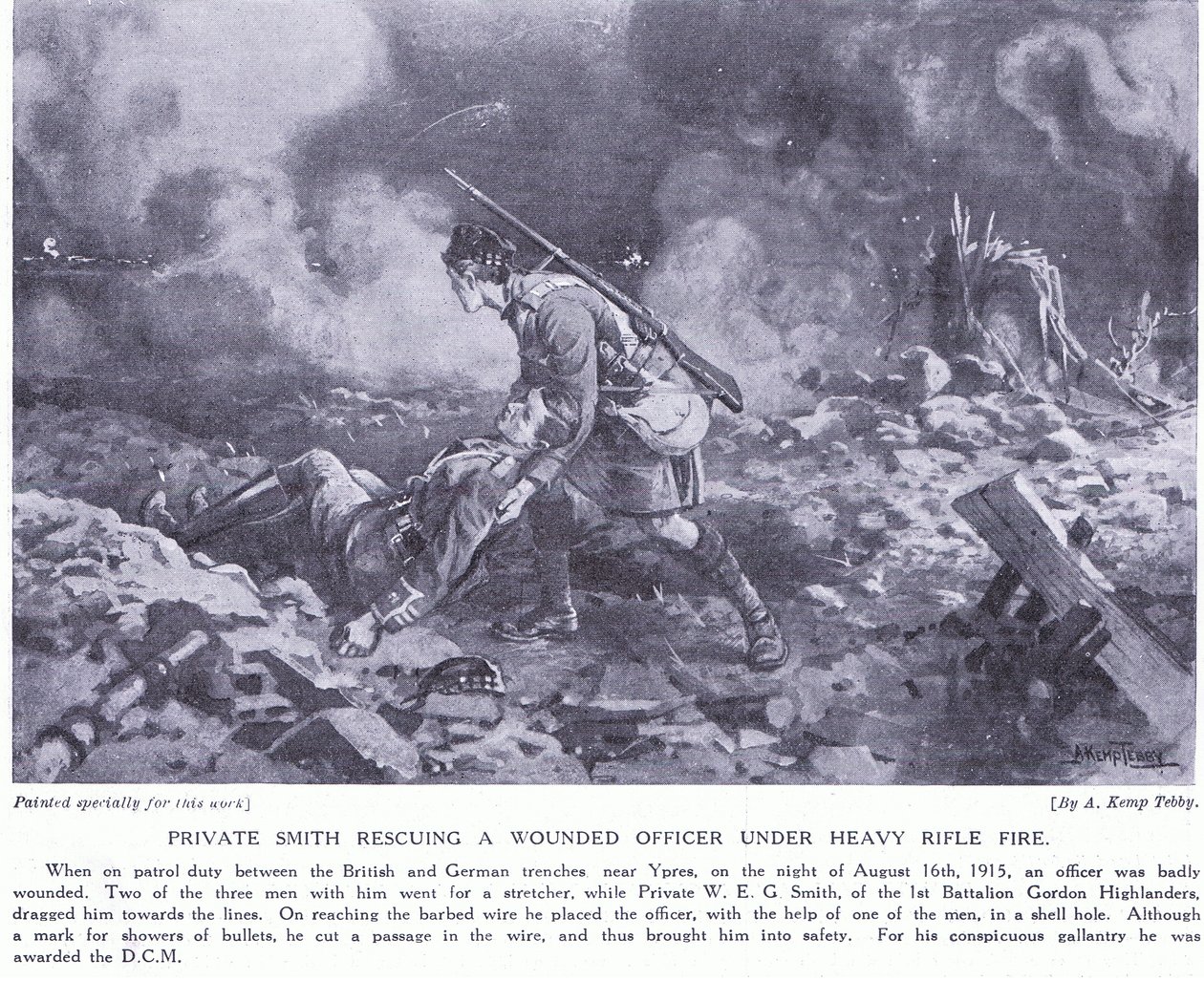 El Soldado Smith rescatando a un oficial herido bajo fuego intenso, galardonado con la DCM en Ypres, agosto de 1915 de Arthur Kemp Tebby