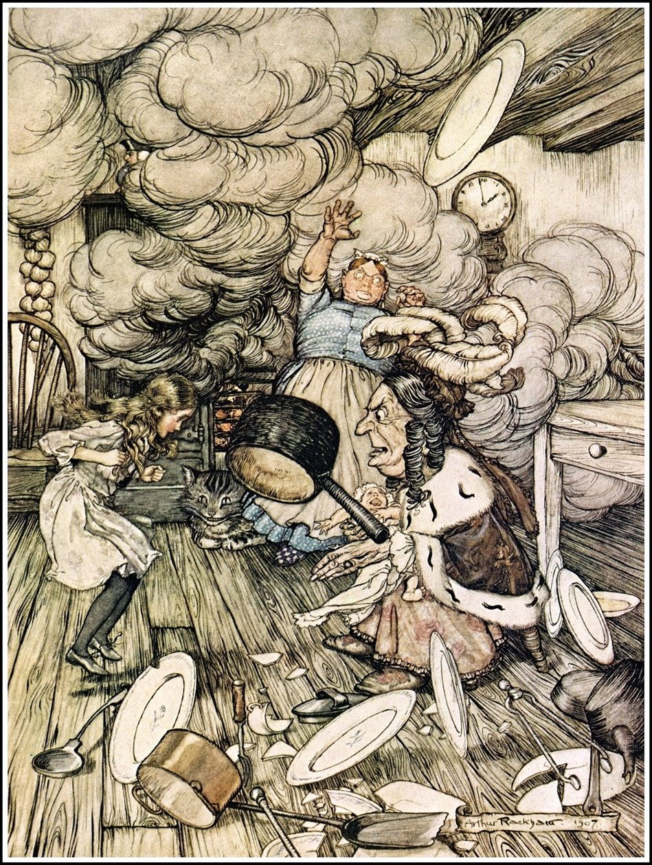 Las aventuras de Alicia en el país de las maravillas - Una cacerola inusualmente grande voló cerca y casi se la lleva de Arthur Rackham
