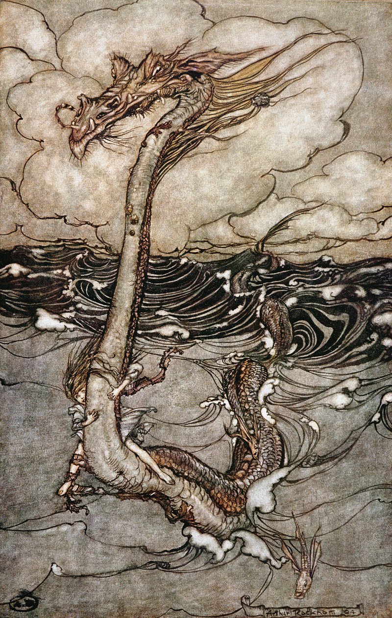 Una joven montando una serpiente marina, 1904 de Arthur Rackham