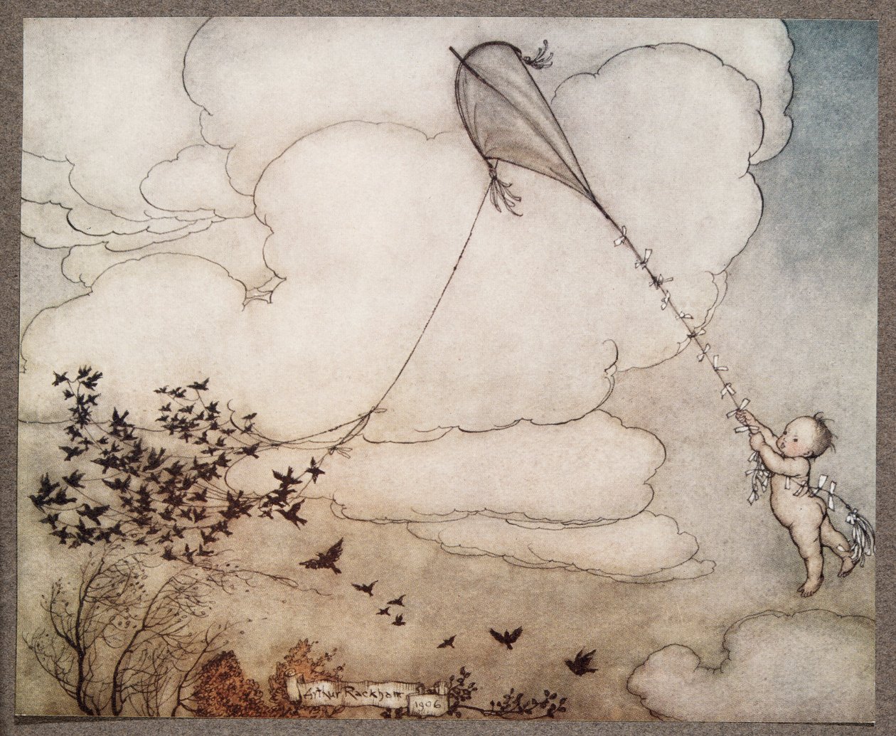 Cien volaron con la cuerda, y Peter se aferró a la cola, de Peter Pan en los jardines de Kensington de J. M. Barrie (1860 - 1937), pub. 1906 de Arthur Rackham