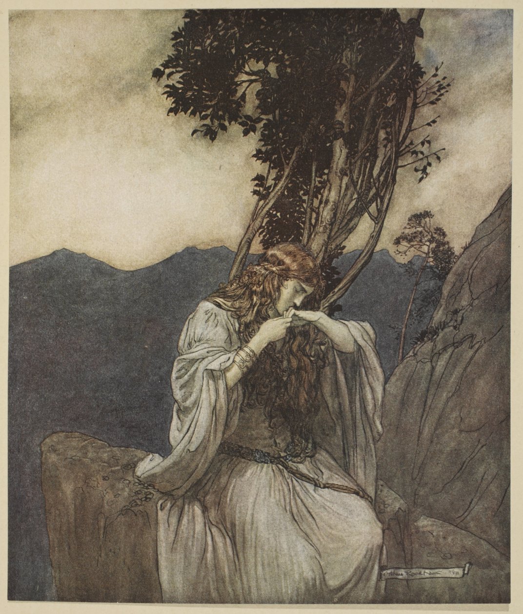 Brunilda besa el anillo que Siegfried ha dejado con ella, ilustración de 