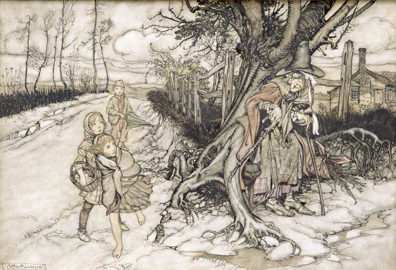 Niños asustados por una bruja de Arthur Rackham