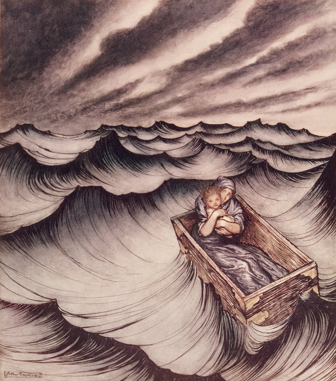 Danae y su hijo Perseo puestos en un cofre y arrojados al mar, 1914 de Arthur Rackham