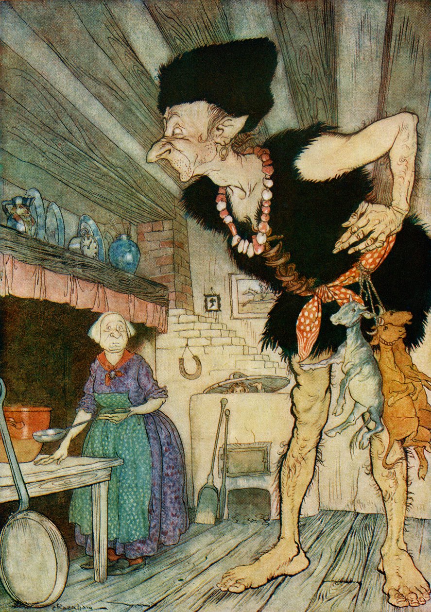 Fee fi fo fum huelo la sangre de un inglés, ilustración de Jack y las habichuelas mágicas, de Cuentos de hadas ingleses recontados por F.A. Steel, 1927 de Arthur Rackham