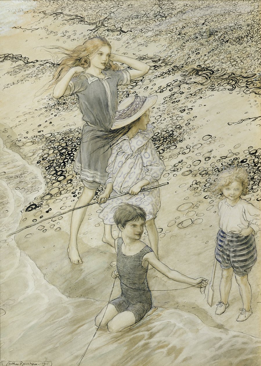 Cuatro niños en la orilla del mar, 1910 de Arthur Rackham