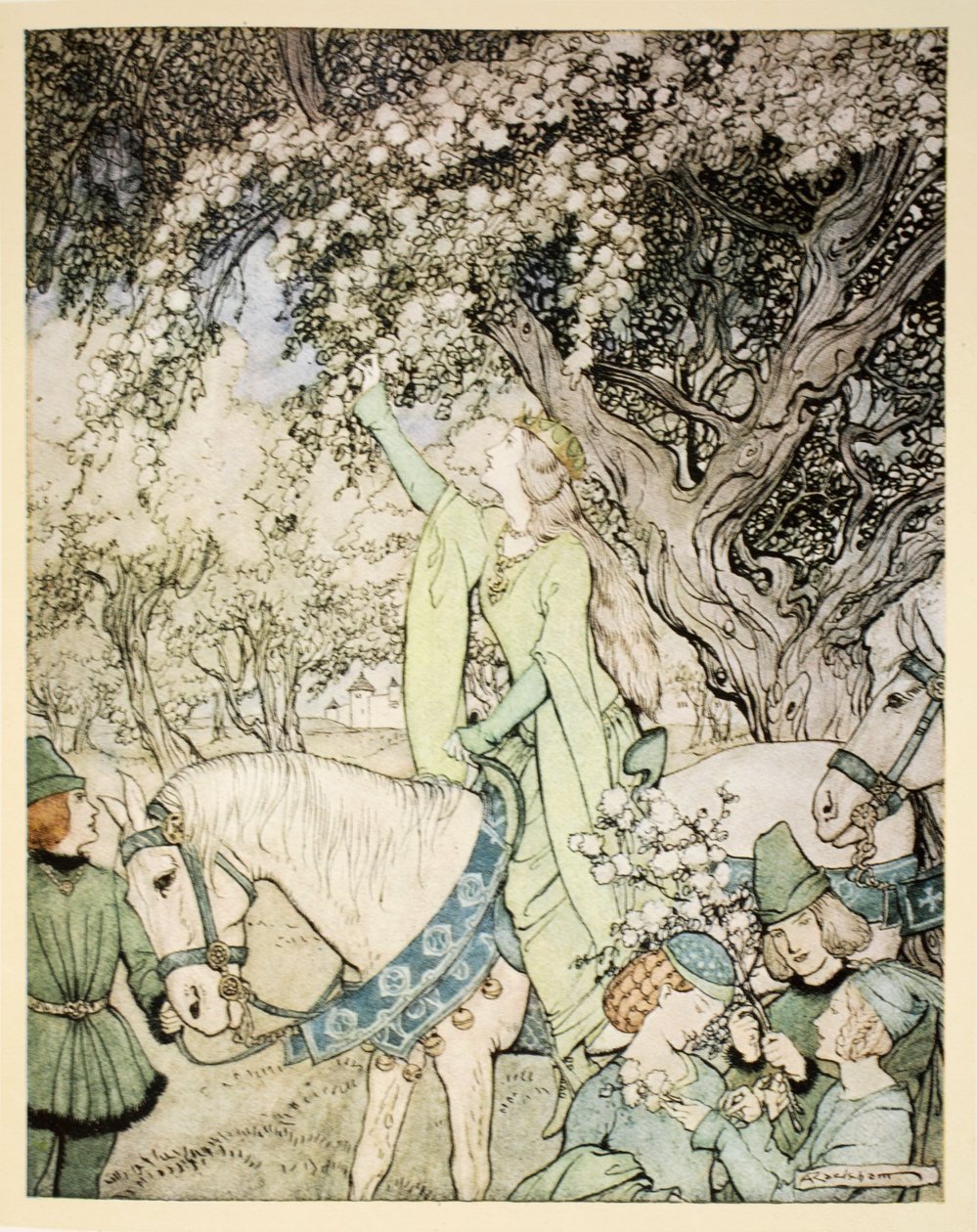 Cómo la Reina Ginebra salió a pasear al bosque y los campos cerca de Westminster, ilustración de 