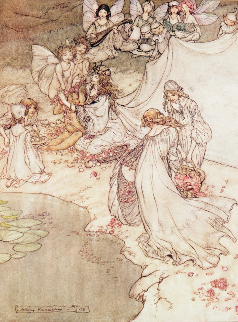 Ilustración para un cuento de hadas, Reina de las Hadas cubriendo a un niño con flores de Arthur Rackham