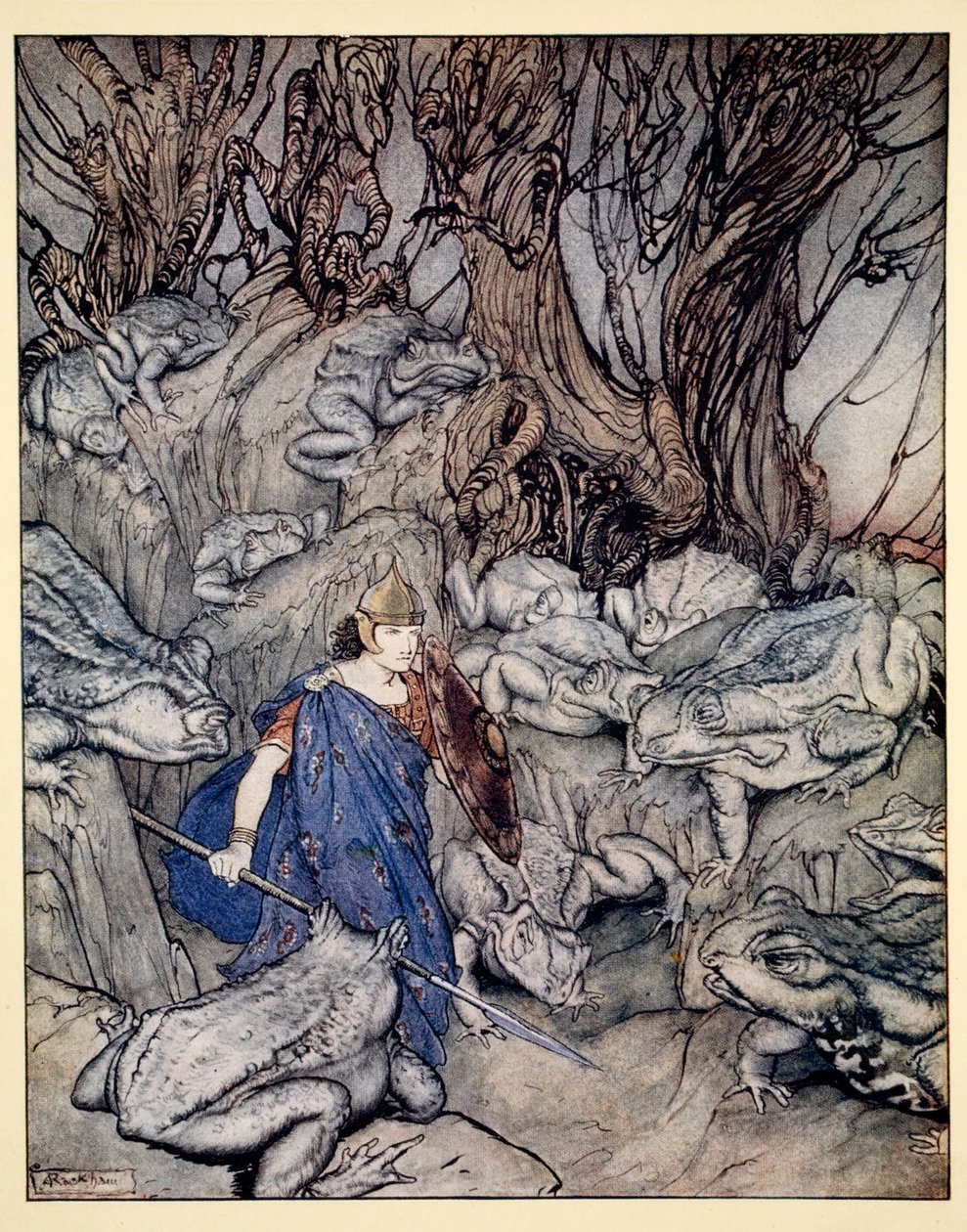 En el barranco bifurcado en el que se deslizó al anochecer, fue rodeado por sapos gigantes, ilustración de 