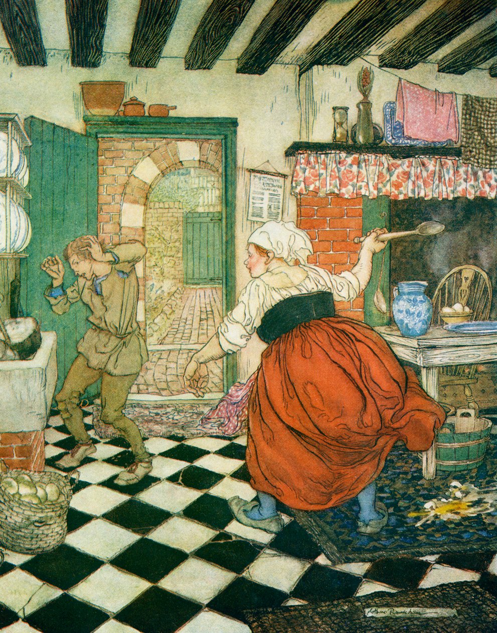 Muchas veces recibió golpes del palo de escoba o del cucharón, ilustración de Dick Whittington y su gato, de Cuentos de hadas ingleses recontados por F.A. Steel, 1927 de Arthur Rackham