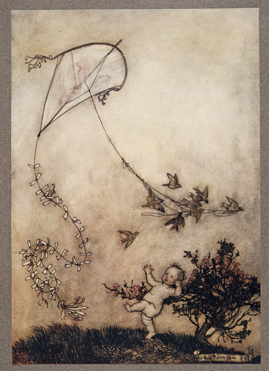 Peter gritó ¡Hazlo de nuevo! y con gran amabilidad lo hicieron varias veces, de Peter Pan en los jardines de Kensington de J. M. Barrie (1860 - 1937), pub. 1906 de Arthur Rackham