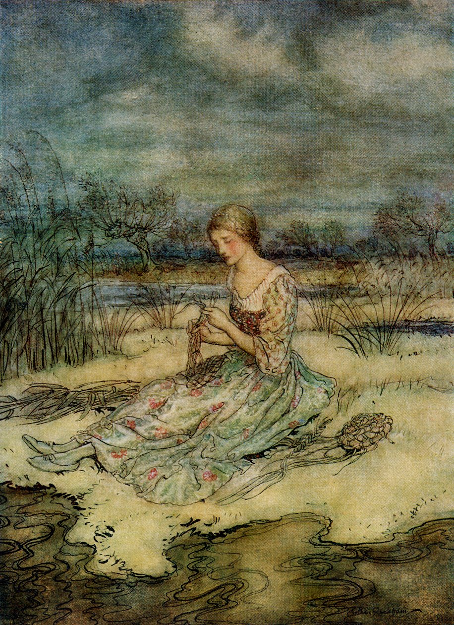 Se sentó y se hizo un vestido de juncos y un gorro a juego, de Cuentos de hadas ingleses recontados por F.A. Steel, 1927 de Arthur Rackham