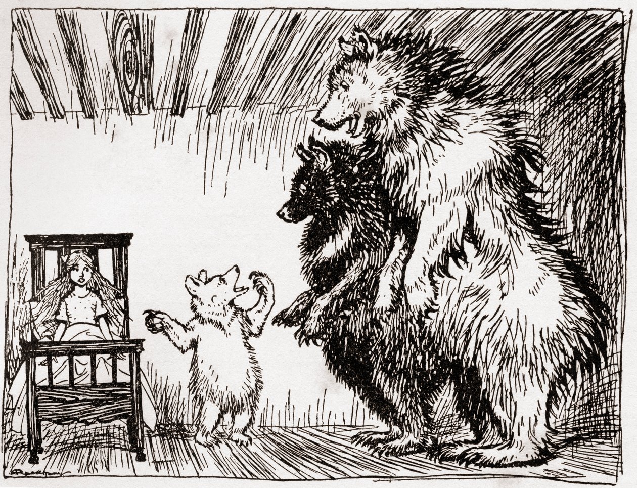 Alguien ha estado acostado en mi cama, y aquí está, ilustración de Ricitos de Oro y los tres osos, de Cuentos de hadas ingleses recontados por F.A. Steel, 1927 de Arthur Rackham