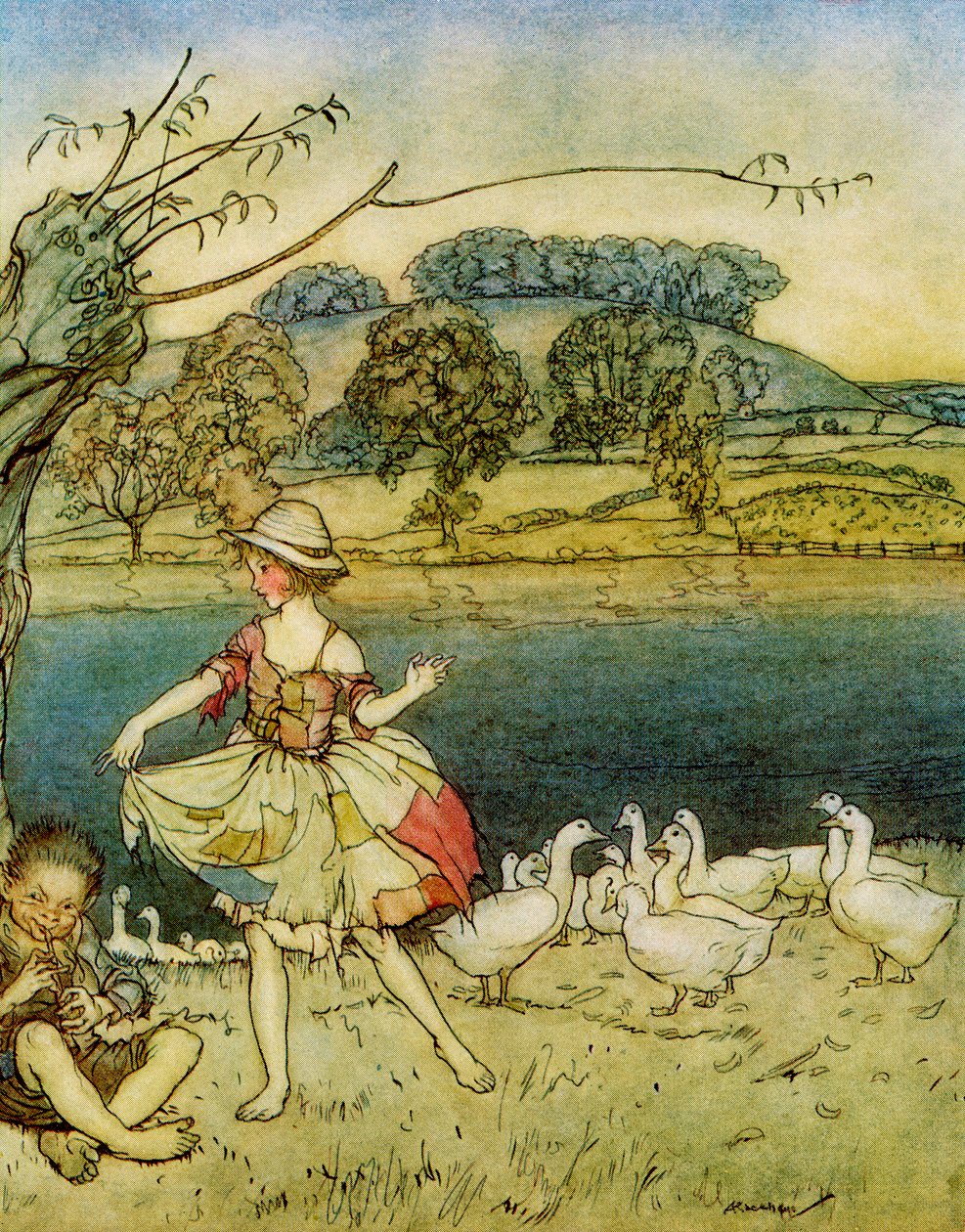 Tattercoats bailando mientras el pastor de gansos toca la flauta, de Cuentos de hadas ingleses recontados por F.A. Steel, 1927 de Arthur Rackham