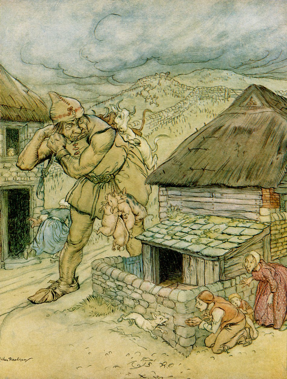El gigante Cormoran era el terror de todo el campo, ilustración de Jack el matador de gigantes, de Cuentos de hadas ingleses recontados por F.A. Steel, 1927 de Arthur Rackham