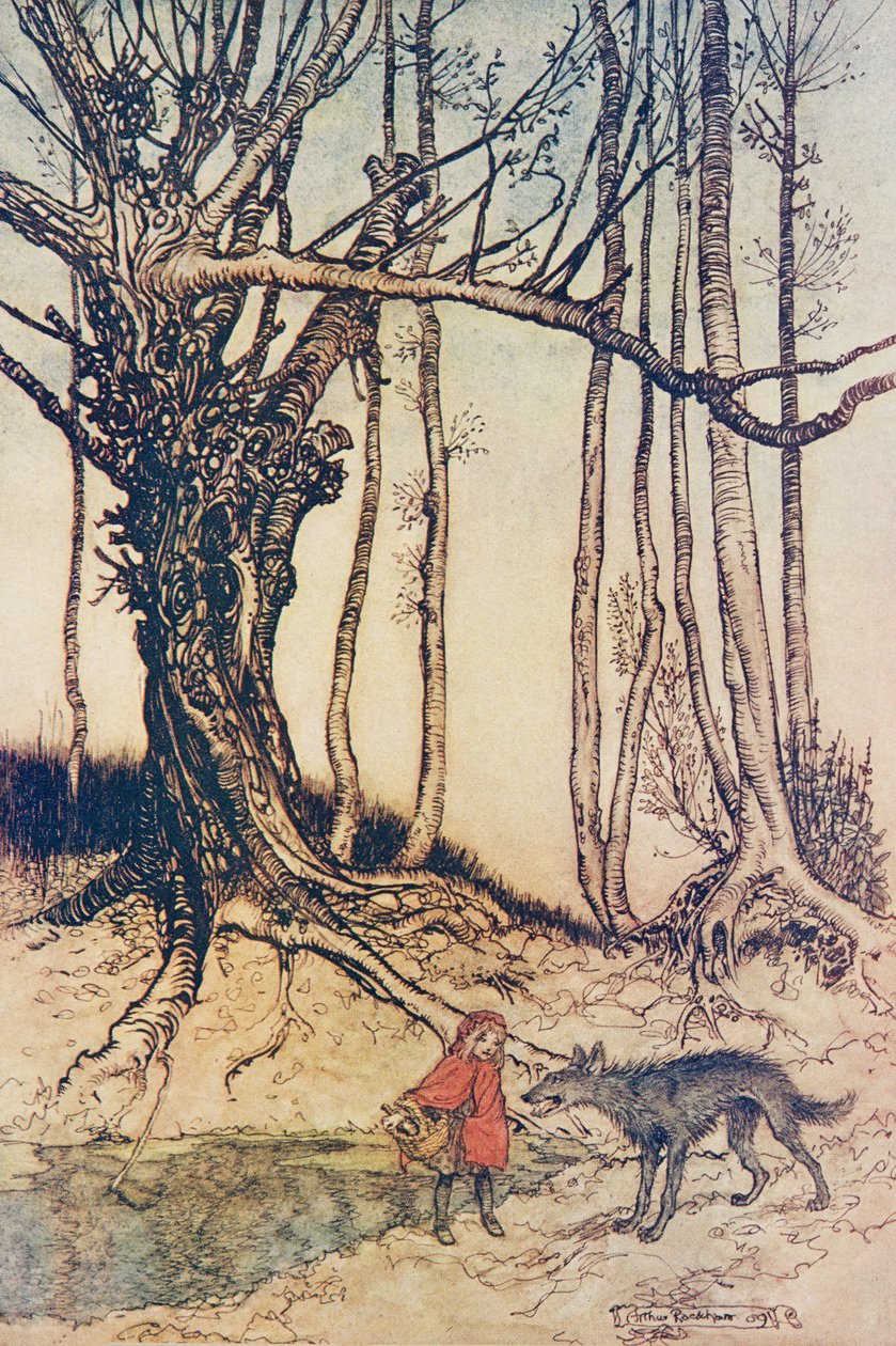 Cuando llegó al bosque, se encontró con un lobo, de Los cuentos de hadas de los hermanos Grimm, pub. 1909 de Arthur Rackham