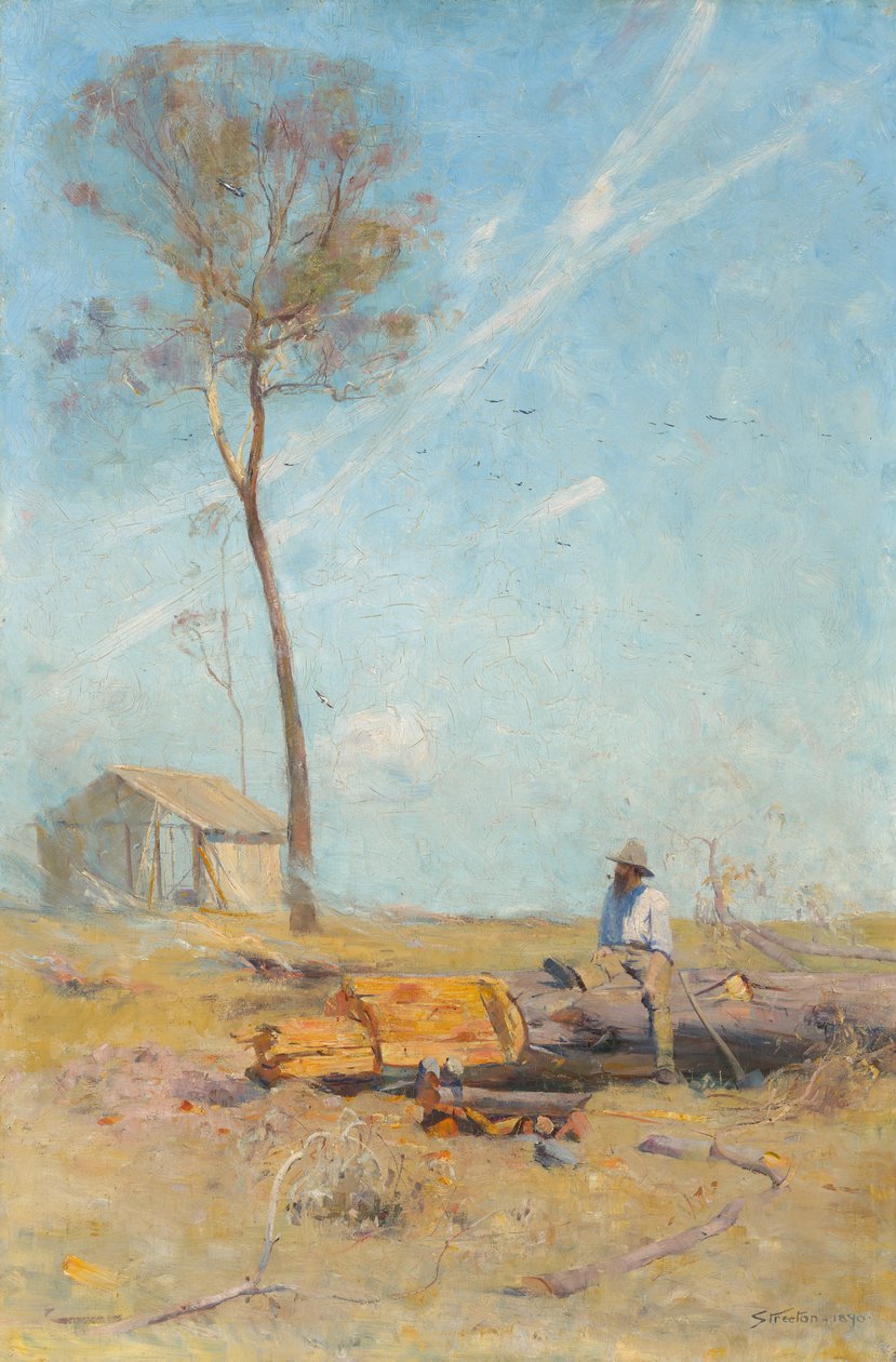 La cabaña del selector (Whelan en el tronco) de Arthur Streeton