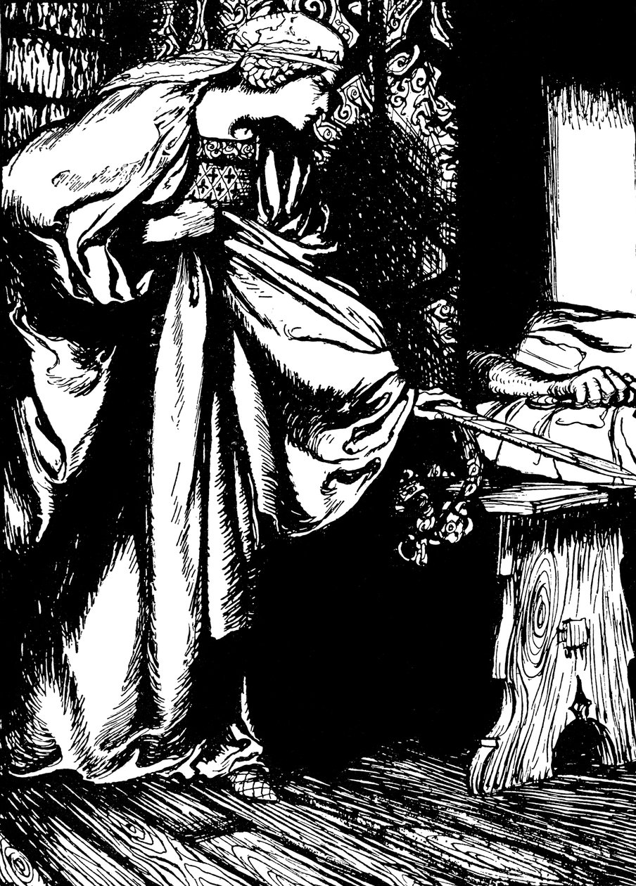Morgan le Fay robando la espada de Arturo de Arthur (after) Rackham