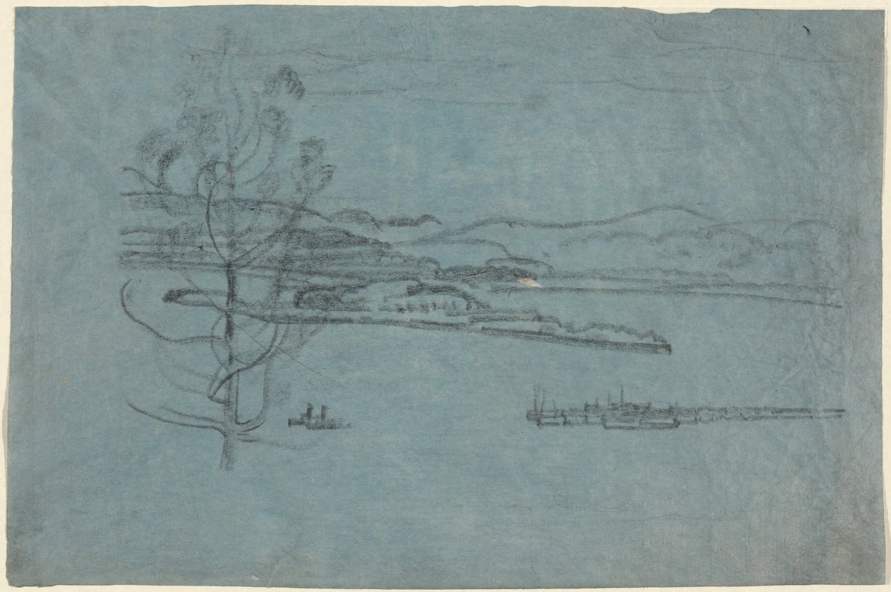 paisaje con muelle y dos barcos de Arthur B. Davies