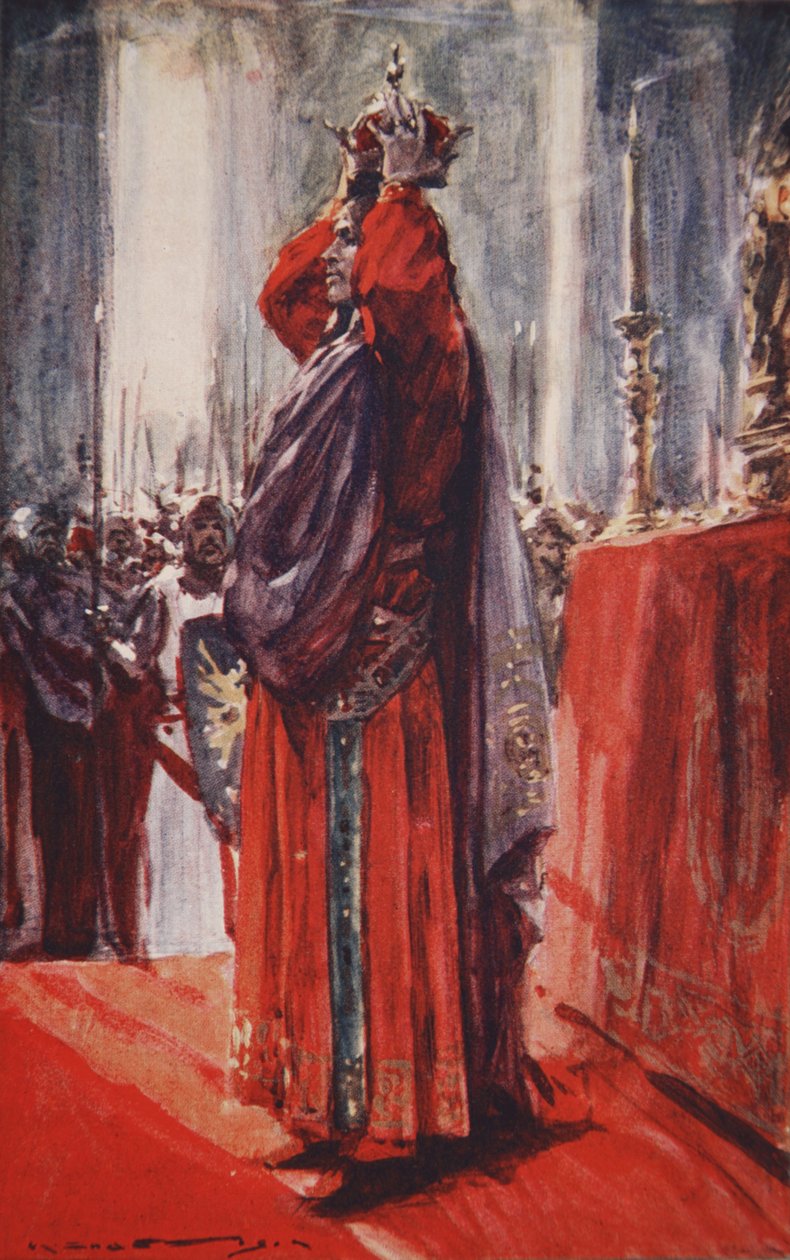 Llegó al altar donde yacía la corona: levantándola la colocó sobre su cabeza, ilustración de "A History of Germany" de H.E. Marshall de Arthur C. (after) Michael