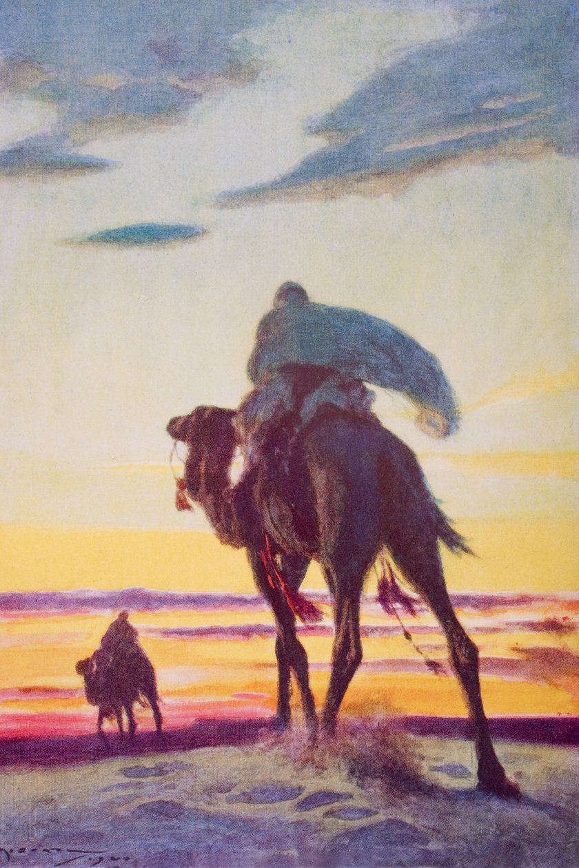 La huida de Mahoma a Medina, ilustración de "The Outline of History" de H.G. Wells, volumen II, publicado en 1920 (litografía en color) de Arthur C. (after) Michael