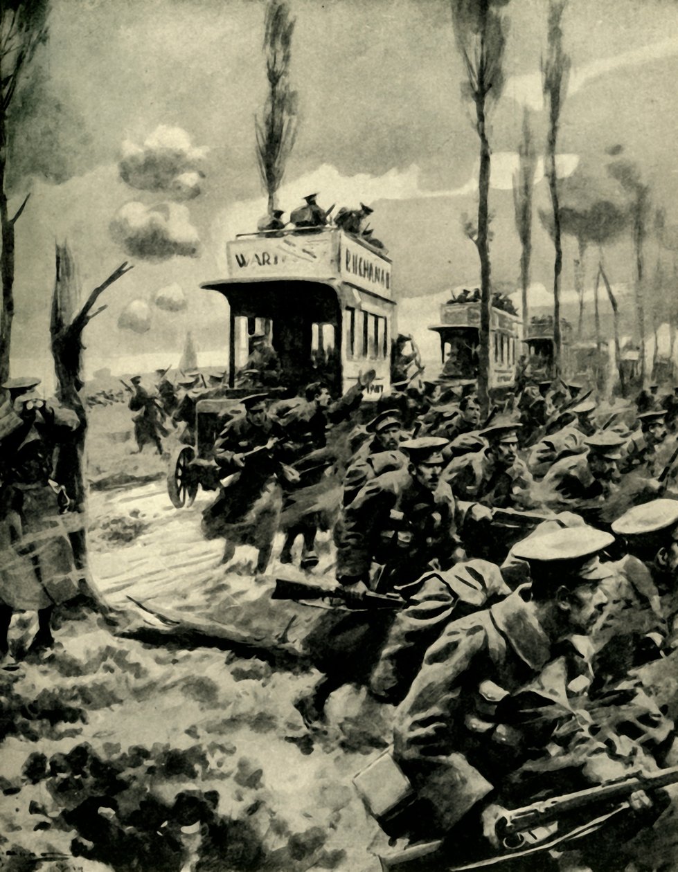 Autobuses de Londres utilizados para transportar tropas al frente, Primera Guerra Mundial, 1914-1918, c1920 de Arthur C. Michael