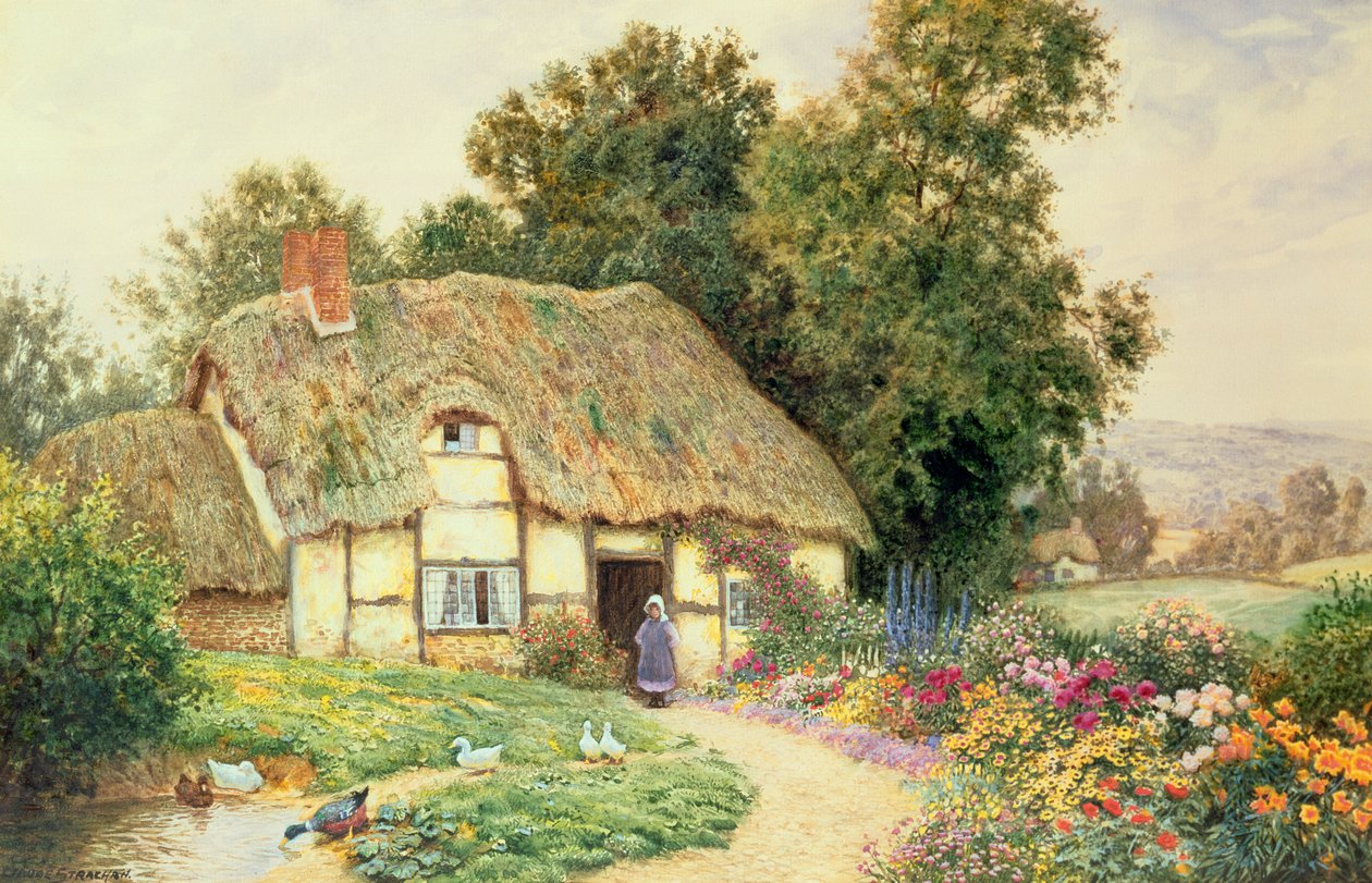 Una cabaña junto a un estanque de patos de Arthur Claude Strachan