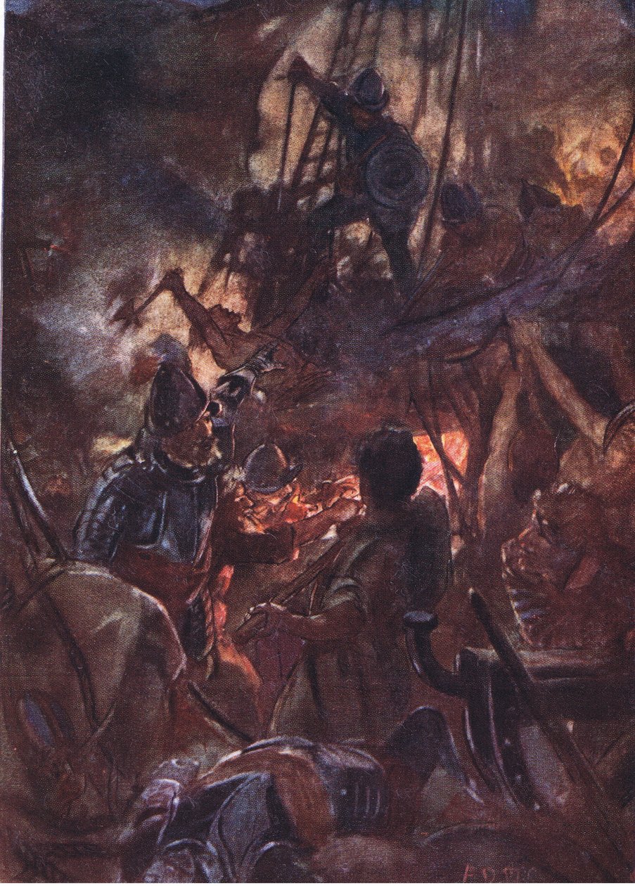 Ferozmente la batalla rugió y duró mucho, ilustración de Romance de la Historia: Los Países Bajos, años 1920 de Arthur David McCormick