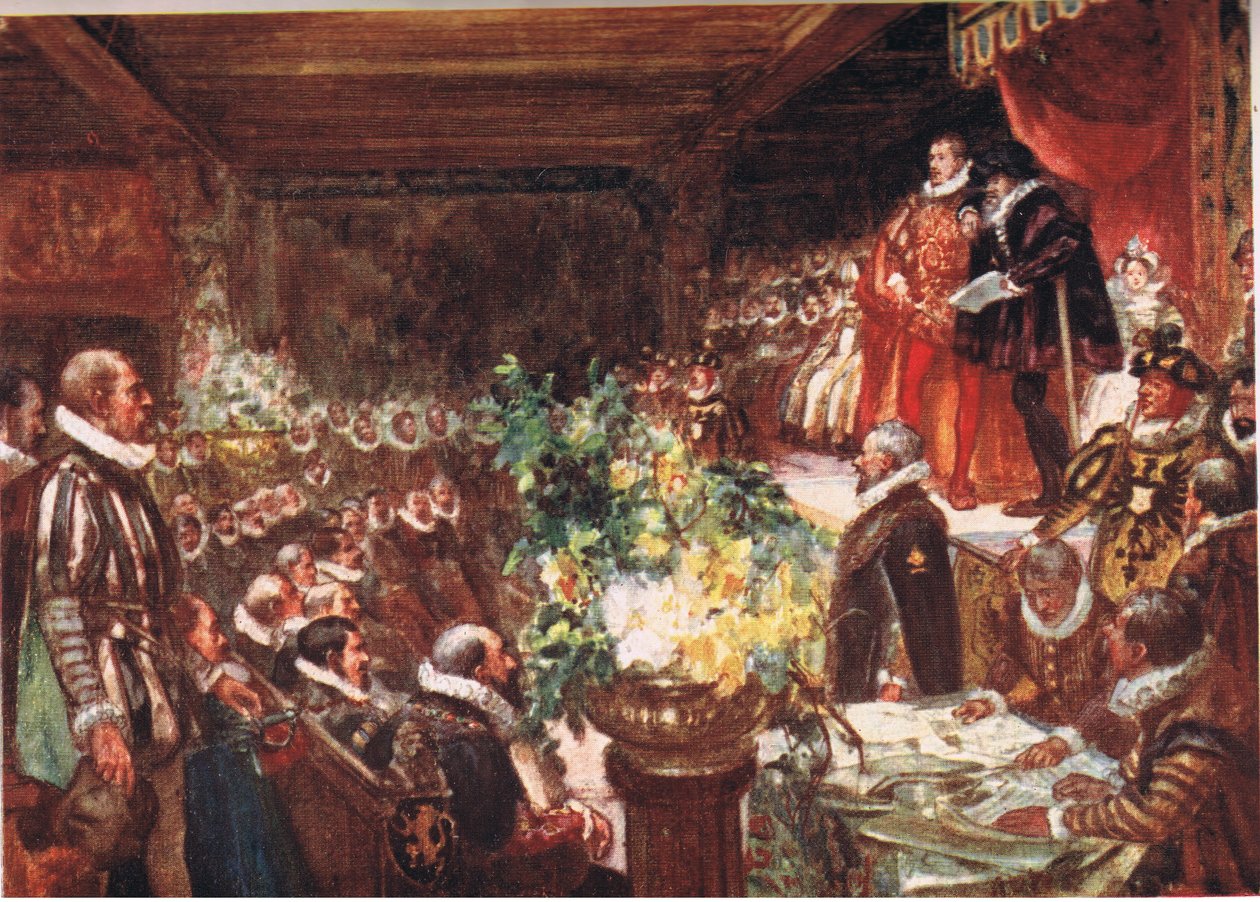 El Emperador llegó apoyado en el hombro de un joven alto y apuesto, ilustración de Romance de la Historia: Los Países Bajos, años 1920 de Arthur David McCormick