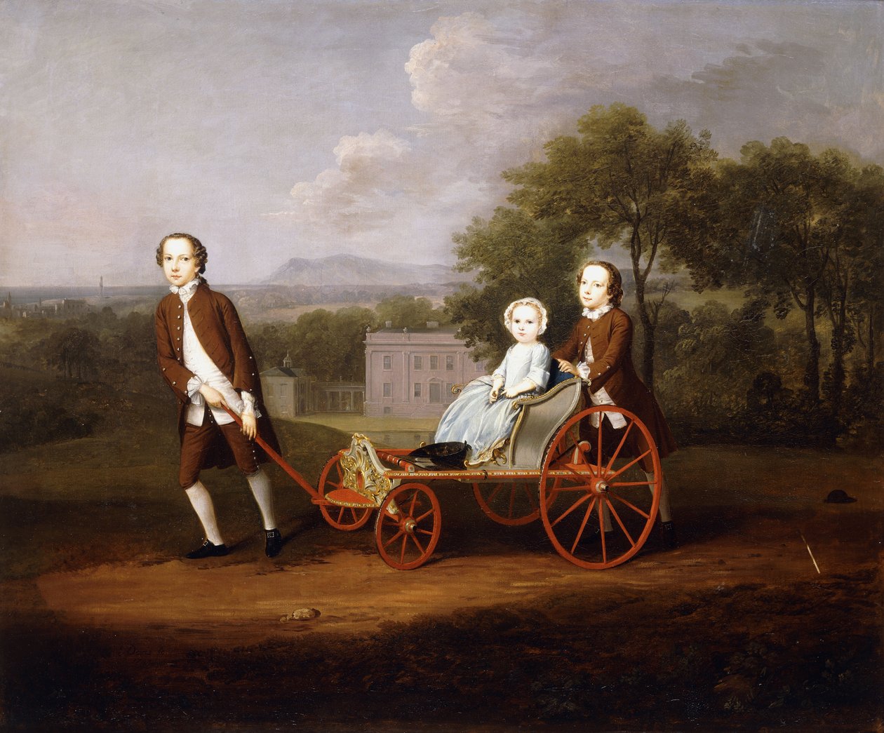 Retrato de grupo de tres de los hijos de Peter y Mary Du Cane, todos de cuerpo entero, jugando con un carro de perro elaborado, en los terrenos de una casa de campo de Arthur Devis