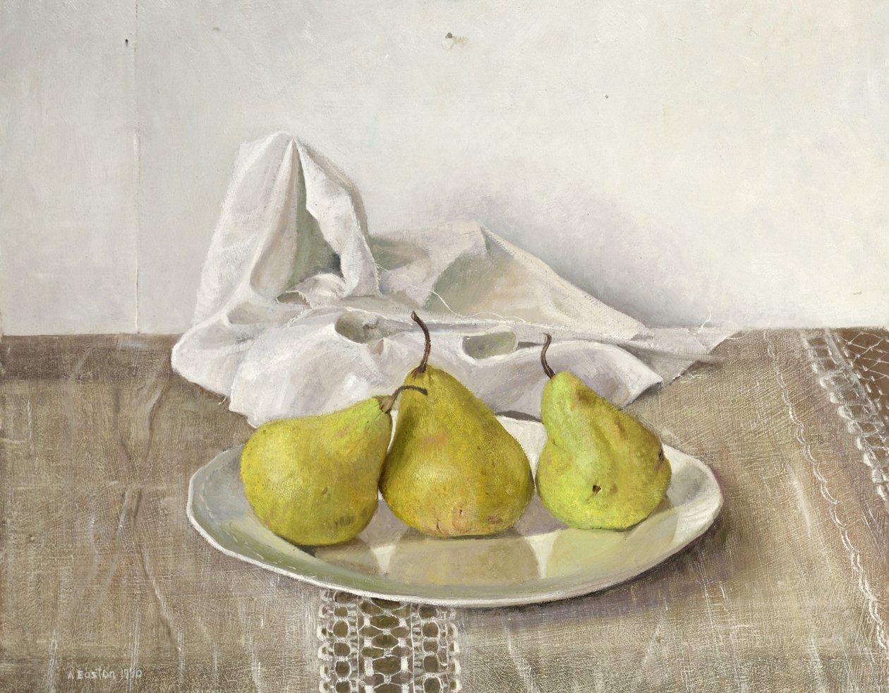 Tres peras en un plato, naturaleza muerta, 1990 de Arthur Easton