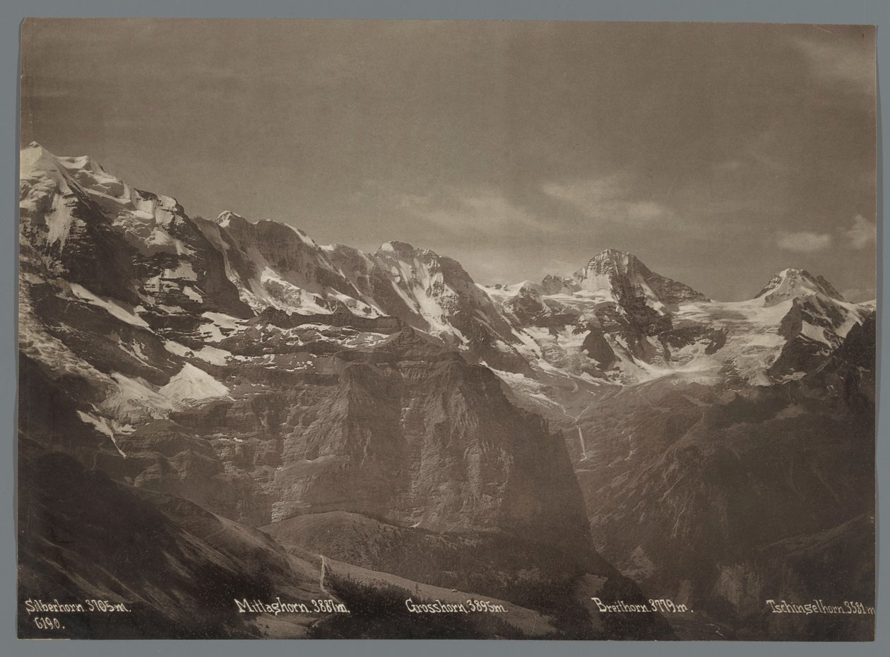 Vista del Silberhorn, el Mittaghorn, el Grosshorn, el Breithorn y el Tschingelhorn en los Alpes berneses Panorama de la cadena Jungfrau (título de la serie) de Arthur Gabler