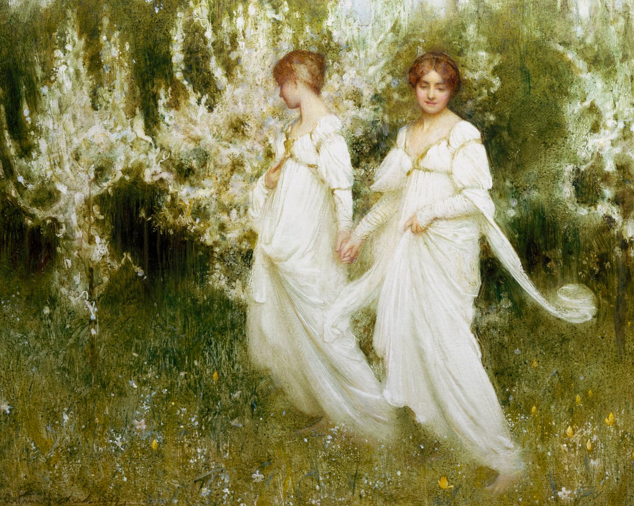 "Inocencia" Dos mujeres vestidas de blanco, símbolo de inocencia y pureza, pasean por un jardín. Pintura de Arthur Hacker (1858-1919) (prerrafaelita) Colección particular de Arthur Hacker