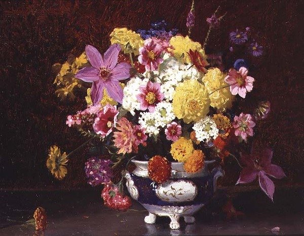 Naturaleza muerta con lilas y crisantemos de Arthur Herbert Buckland