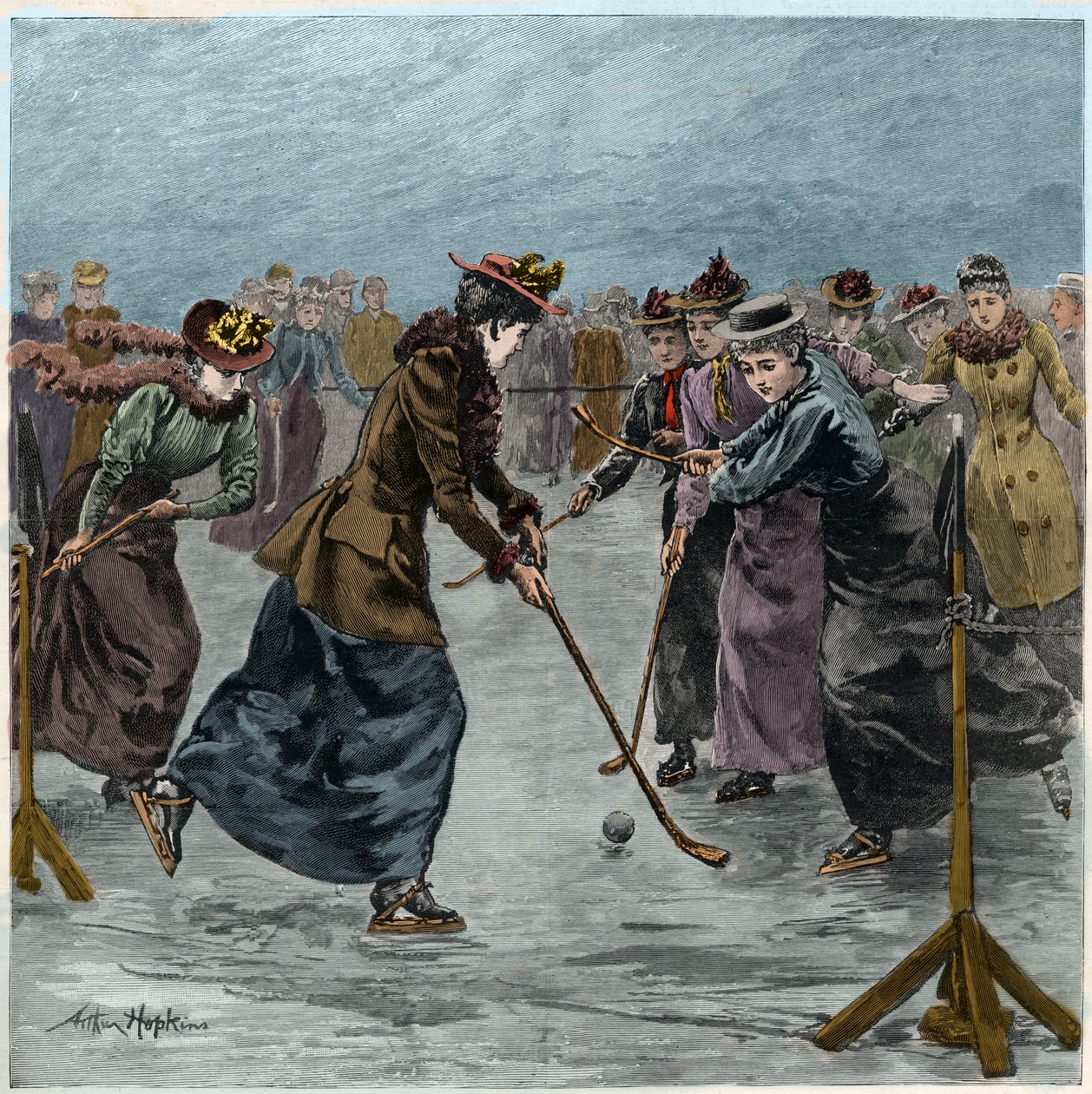 Hockey sobre hielo: un partido de damas en el lago en Wimbledon Park (coloración posterior) de Arthur Hopkins