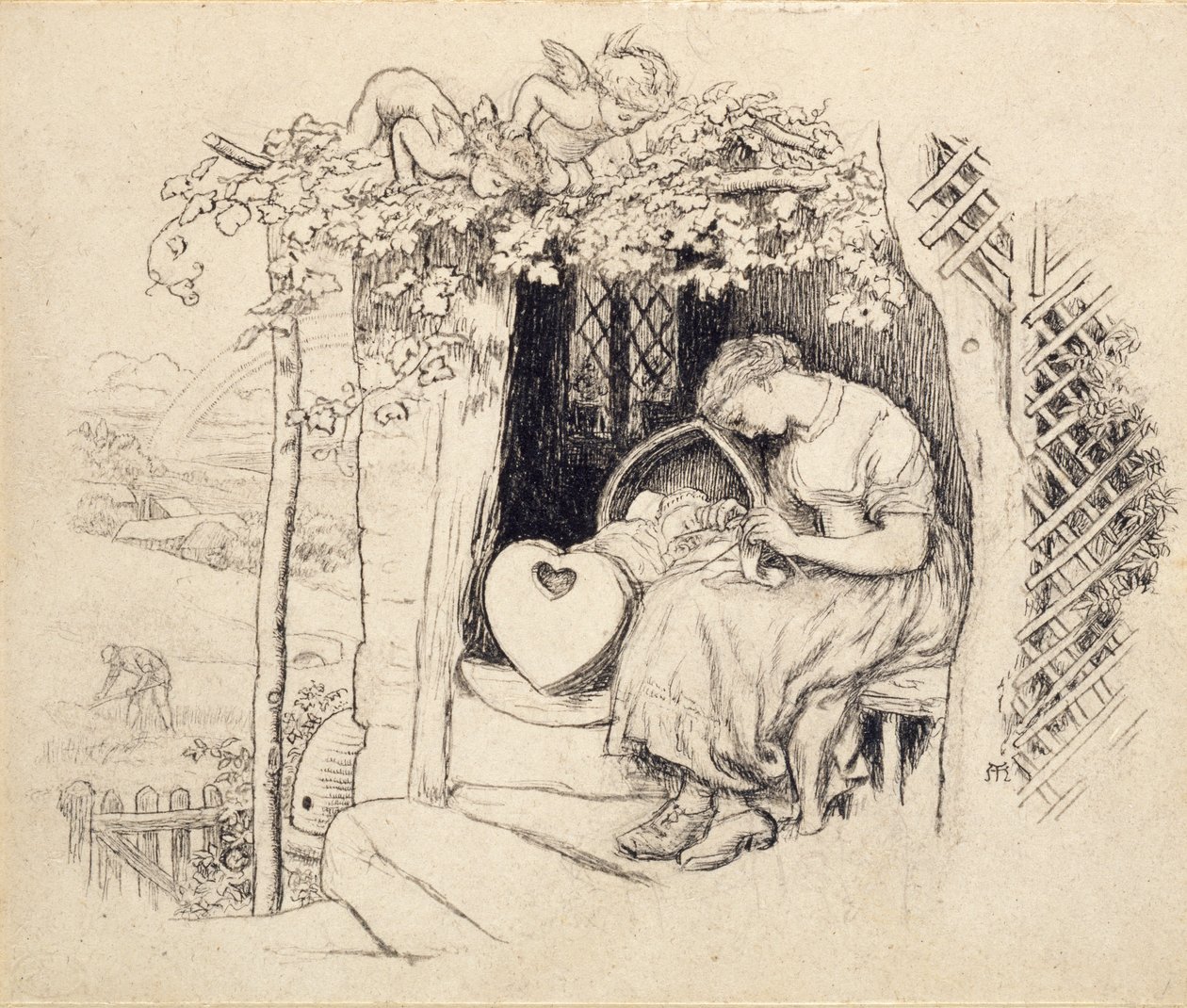 Junto a la cuna, 1873 de Arthur Hughes