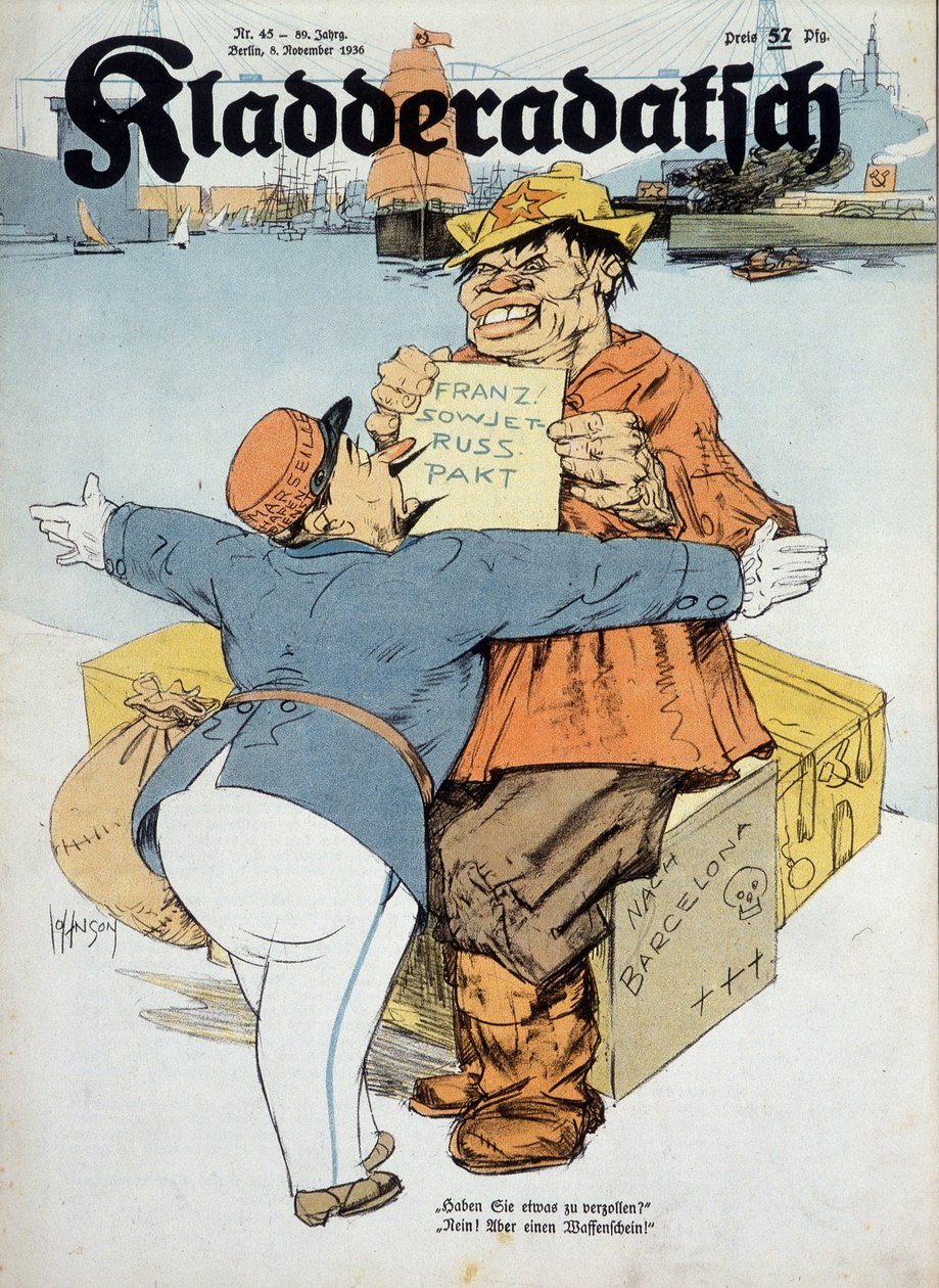 Caricatura alemana sobre los acuerdos franco-soviéticos (aduanero francés y marinero ruso:" ¿Tiene algo que declarar No. Sólo armas!" (Contexto de la guerra de España), "Kladderadatsch" 8/11/1936, ill. by Arthur Johnson (1874-1954). de Arthur Johnson