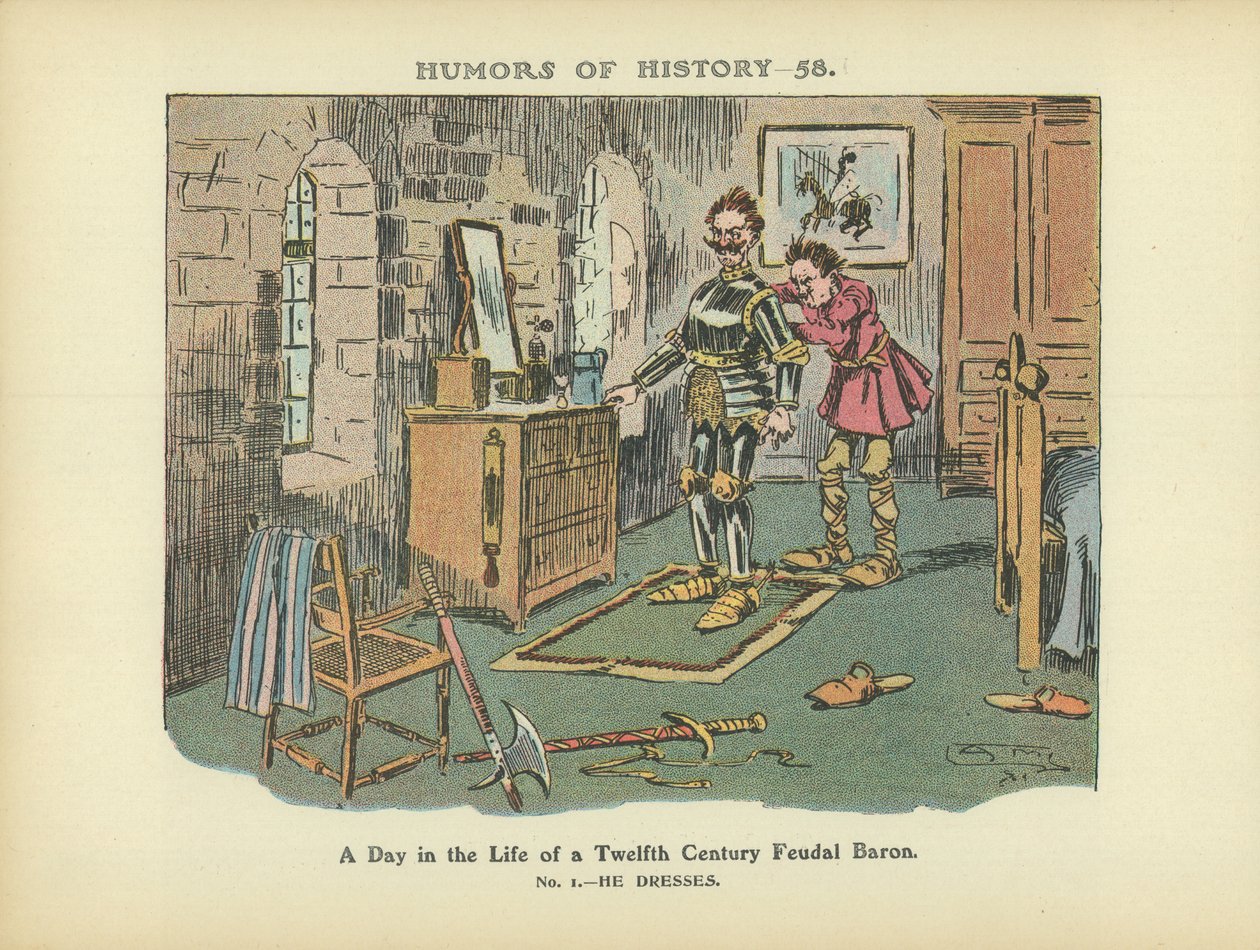 Un día en la vida de un barón feudal del siglo XII (litografía en color) de Arthur Moreland