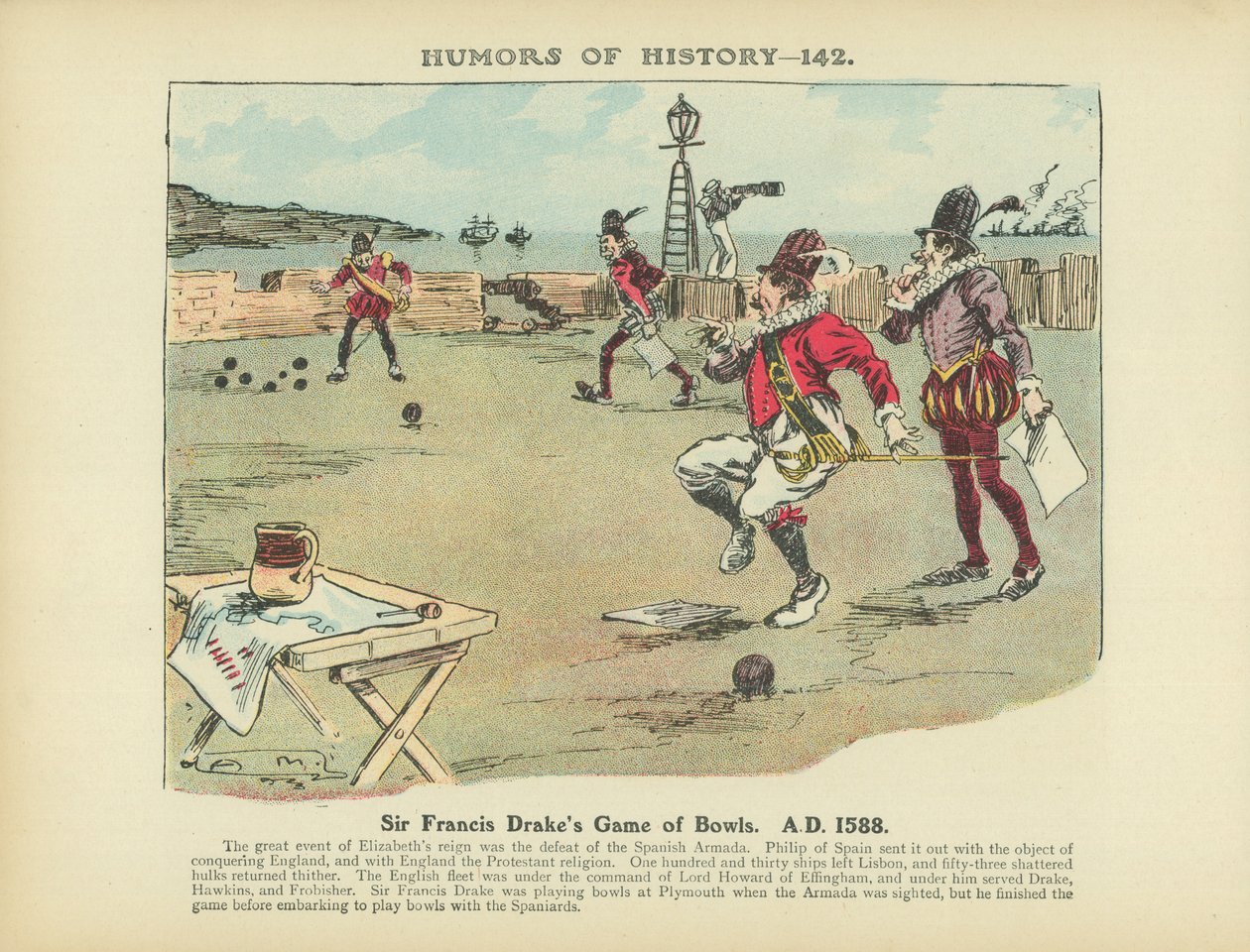 El juego de bolos de Sir Francis Drake. 1588 d.C. (litografía en color) de Arthur Moreland