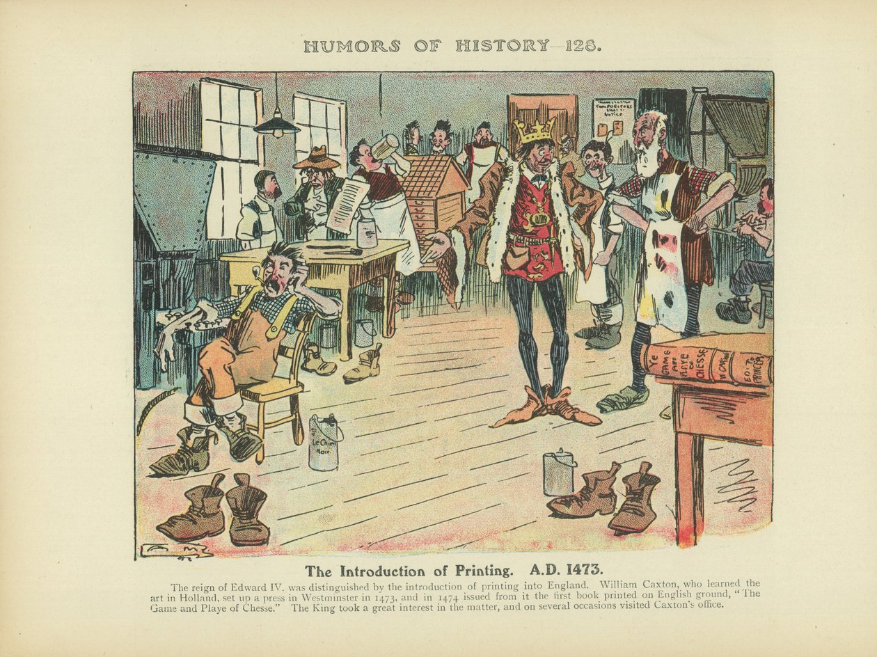 La introducción de la imprenta. 1473 d.C. (litografía en color) de Arthur Moreland