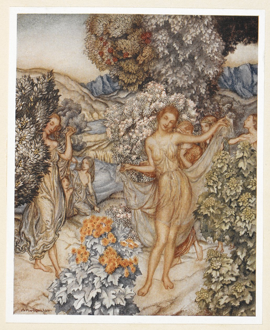 ACTO IV: Escena I, línea 132
Venid, ninfas templadas, y ayudad a celebrar
Un contrato de amor verdadero.
Próspero ordena a Ariel que deje ropas chillonas en un árbol para tentar a los hombres. de Arthur Rackham
