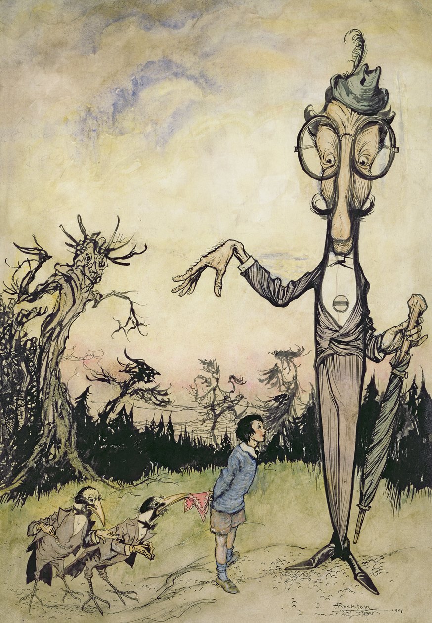 Un Gigante con un Niño y Dos Cuervos, ilustración de El Libro de Betty Barber por Maggie Brown de Arthur Rackham