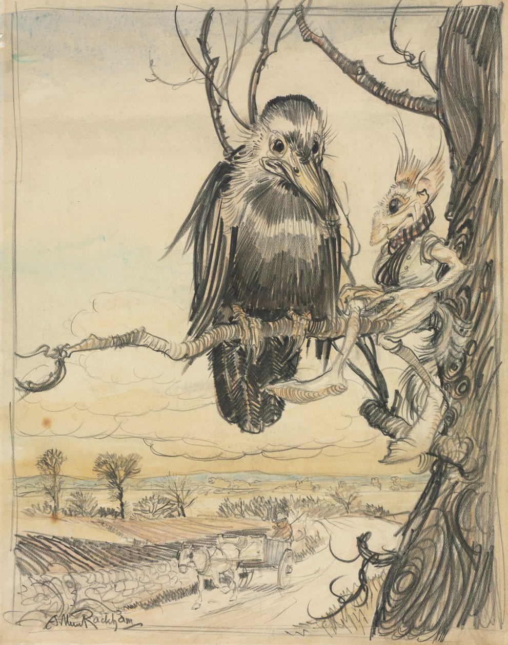 Una ardilla y un cuervo de Arthur Rackham