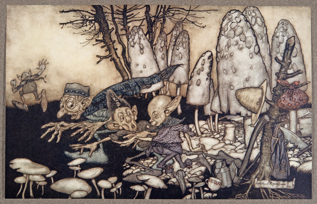 Un grupo de trabajadores que estaban cortando un hongo se fue corriendo dejando sus herramientas, de Peter Pan en los Jardines de Kensington de J M Barrie, pub. 1906 de Arthur Rackham