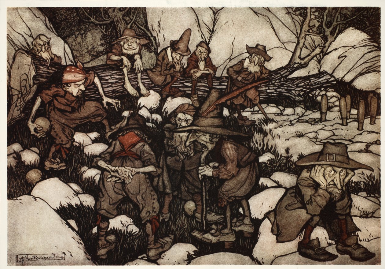 Una compañía de personas de aspecto extraño jugando a los bolos., de Rip Van Winkle por Washington Irving, pub. 1910 de Arthur Rackham