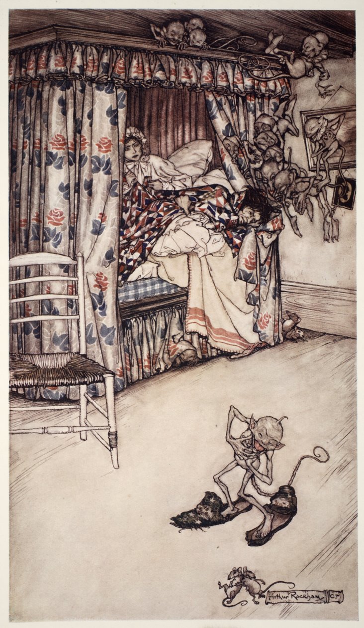 Una conferencia de cortina vale más que todos los sermones del mundo para enseñar las virtudes de la paciencia y la longanimidad. de Rip Van Winkle por Washington Irving, pub. 1910 de Arthur Rackham